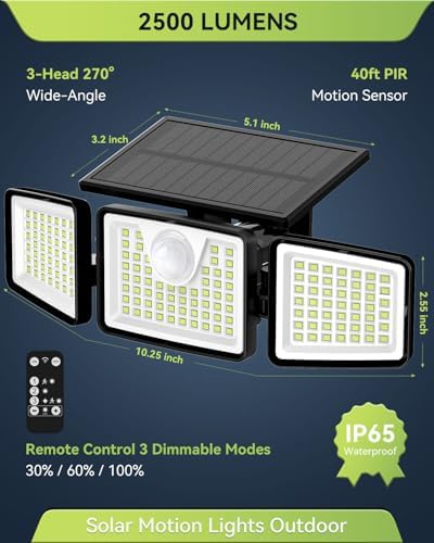 daphino 2500LM Solar Lights, Motion Sensor Outdoor Lights, 3-Head, 2 Pack - Image 2