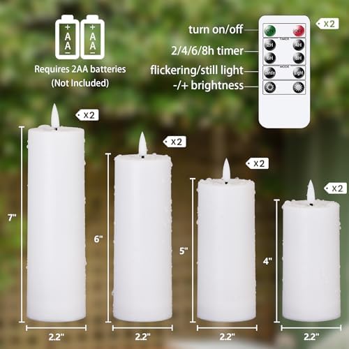 Flameless Waterproof 2.2" x4" 4" 5" 5" 6" 6" 7" 7" Pillar Candles with Remote Control and Timer, LED Battery Operated Plastic White Pack of 8 Outdoor Flickering Warm Light - Image 3