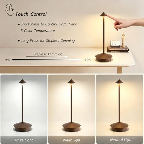EJQ 2 Pack LED Cordless Table Lamp, Portable 6000mAh Rechargeable Aluminum, Touch Control Outdoor Table Lamp, 3 Color Dimmable Cordless Table Lamps for Restaurant, Patio, Bedroom, Outdoor - Brown - Image 3
