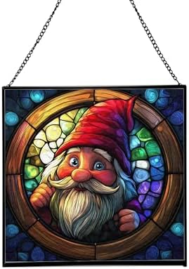 Stained-Glass Window Gnome Stained Glass Suncatcher – Square Hanging Window Panel for Home or Greenhouse – Whimsical Glass Art Gift for Garden Lovers, Christmas, Halloween, Father Days f4NVcT by Custom