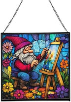 Painter Gnome at Work Stained Glass Suncatcher – Square Hanging Window Panel for Home or Greenhouse – Whimsical Glass Art Gift for Garden Lovers, Christmas, Halloween, Father Days qzln3W by Custom