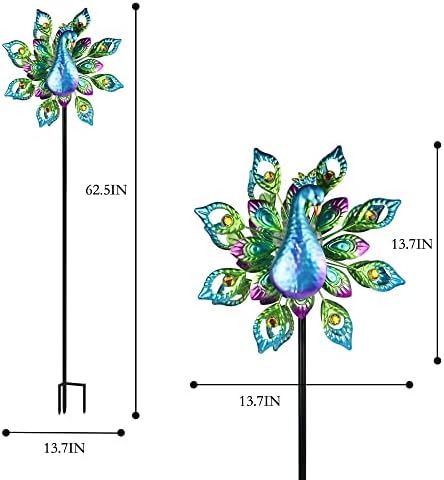 Peacock Solar Wind Spinner, 62Inch Double Wind Sculpture with Color Changing LED Light, Wind Sculptures & Spinners Outdoor Metal Stake Yard Spinners - Image 6