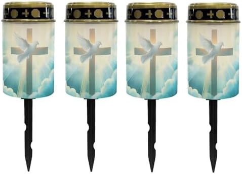 Poceacles Cemetery Candle Grave Lights Outdoor Waterproof Decoration Pathway Lights Garden Solar Candle for Garden Lawn Decor, 4 Pieces, Dove of Peace Cross Cloud Print by Poceacles