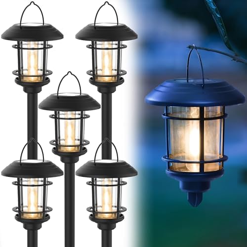 Dynaming 6 Pack Dual Use Solar Path Lights Outdoor, Hanging Lantern Solar Garden Lights with Edison Bulb, Landscape Lighting, Waterproof & Auto On/Off for Patio Pathway Walkway Driveway, Warm White by Dynaming