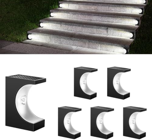 Solar Step Lights, IP65 Waterproof Auto On Off, Monocrystalline Solar Panel No Drill Install 8H Long Lasting, Crescent Shape Outdoor Lights for Stairs Patio Yard Porch Deck (6, Pure White) by Unknown