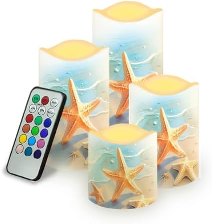 Starfish Beach Flickering Flameless Candles Battery Operated Candles Set of 4 with Remote Control Timer Color Changing Pillar Candles Bulk Tea Lights Home Table Kitchen Decoration by Uorisanigo