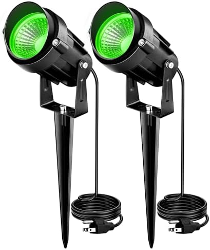 Halloween Christmas Green LED Spot Lights Landscape Lights Outdoor, 110v Plug in Landscape Lighting with Waterproof Spotlights for Garden Pathway Tree Pathway, 2 Pack7 W Green LED Landscape Lights by Aoaxl