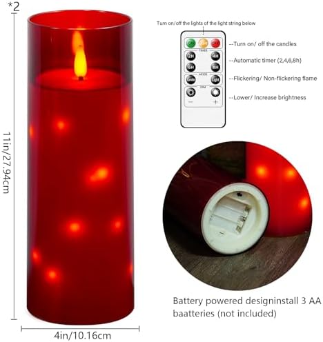 kakoya 11" x 4" Large Outdoor Waterproof Flameless LED Candles with Remote and Timer,Acrylic Pillar Candles Battery Operated with Embedded Star String for Porch,Patio,Outdoor Decor,Set of 2(Red) - Image 5