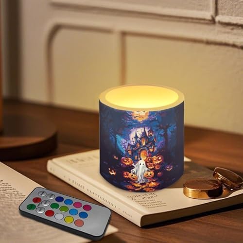 Flameless Candles with Remote, Battery Operated Ghost Haunted House Flickering LED Candles Halloween Day Decor Electric Pillar Candles Set of 4 - Image 3