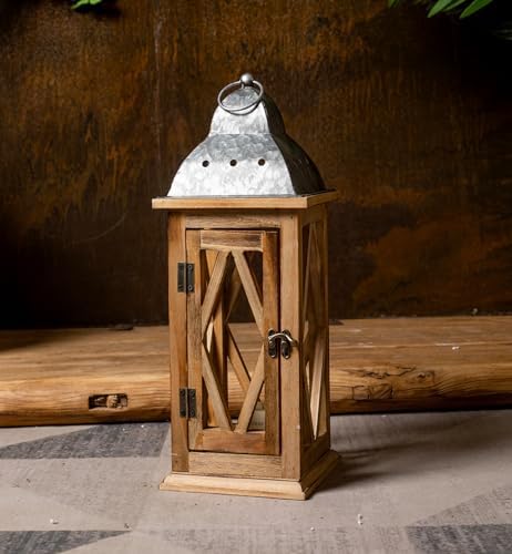 Large Farmhouse Wooden Metal Lantern Set of 2, Rustic Decorative Floor Candle Lanterns, Indoor/Outdoor Hanging Lanterns for Home Decor (No Glass) - Image 4