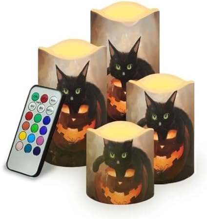 Jack O Lantern Black Cat Battery Operated Candles with Flickering Flame Timer Flameless Fake Pillar Candles Color Changing Led Electric Candles Tea Light for Halloween Party Home Decor by Uorisanigo