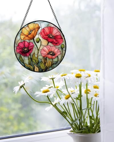 Poppy Flower Stained Glass Window Hanging Suncatcher Gifts for Women 12" - Image 3