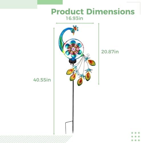 Solar Wind Spinner Peacock Windmill, Outdoor Metal Kinetic Art Wind Sculpture, Multicolor Decor with Jewel Accents, Decorative Peacock Stake Light for Lawn, Garden, Yard - Image 2