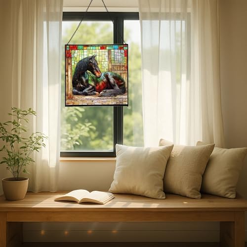 Black Shire Horse Resting Under Stable Eaves Square Suncatcher – Stained Glass Style Window Panel with Pastoral Scene, Custom Decorative Hanging Art for Equestrian Home, Christmas E6Fxuk - Image 7