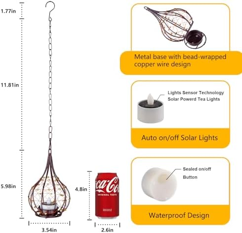 Hanging Solar Lanterns 4 Pack Outdoor Waterproof, Teardrop Wire Cage Beaded Vintage Candle Lantern with 4 Solar Tea Lights, Hanging Solar Lights for Outside Tree Patio Garden Backyard Porch Yard - Image 3