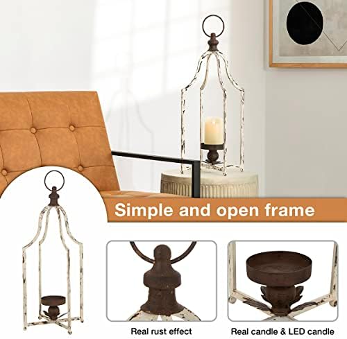 Glitzhome 22" Lanterns Decorative Indoor Outdoor, Farmhouse Metal Lanterns, Hanging Candle Holder for Porch Mantle Fireplace Patio Garden Home Decor,White - Image 3