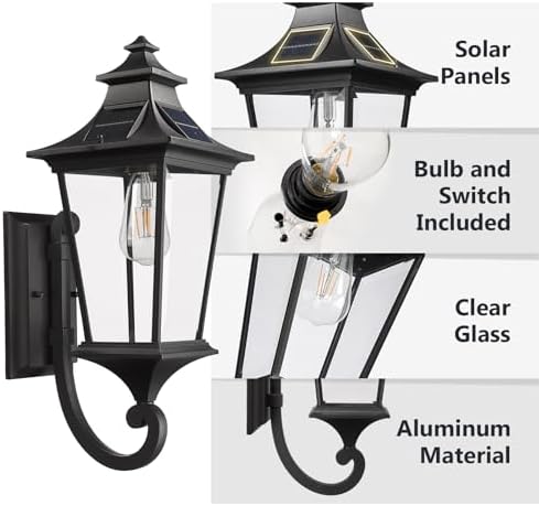 Emliviar Solar Outdoor Wall Light, Dusk to Dawn Porch Lantern, 500181-SL BK - Image 4