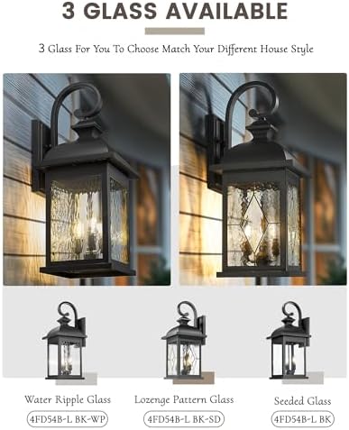 FEMILA 26" Outdoor Wall Light, Large Exterior Wall Lantern with Water Ripple Glass, 3-Light Outdoor Wall Light Fixtures for Entryway, Patio, Garage, Doorway, E12 Base, 4FD54B-L BK - Image 6