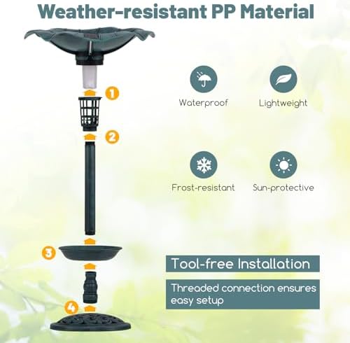 GIANTEX Bird Bath for Outside, 30 inch Solar Lighted Bird Bath and Feeder with Flower Planter, Lotus Leaf Water Bowl, 3 Stakes, Vintage Birdbath Outdoor Decoration for Garden Yard Lawn Patio (Green) - Image 6