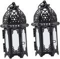 Xmas Iron Candle Lantern 2pcs Black Glass Hanging Moroccan Decor by EaseLiving