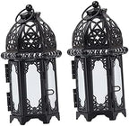 Xmas Iron Candle Lantern 2pcs Black Glass Hanging Moroccan Decor by EaseLiving
