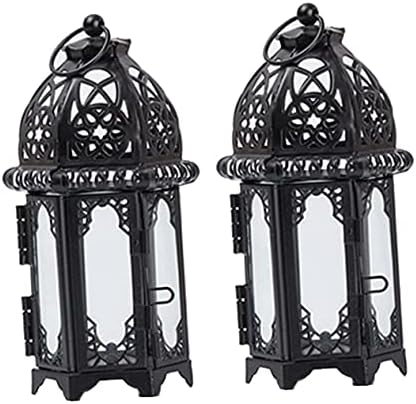 Xmas Iron Candle Lantern 2pcs Black Glass Hanging Moroccan Decor by EaseLiving