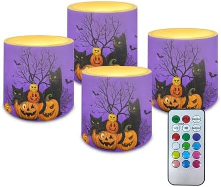 4Pcs Black Cat Pumpkin Flickering Flameless Candles with Remote Battery Operated Halloween Pillar Candles with Timer LED Elictric Pillar Tealights for Party Banquet Home Decorations by Merkmak