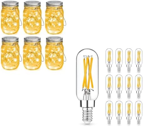 Bundle－－2 Items：Mason Jar Solar Lights -30 LED, 6 Pack Hanging Solar Lanterns Bundle with 12 Pack E12 LED Edison Bulbs,4W Equal 40W e12 Candelabra Bulbs by Mlambert