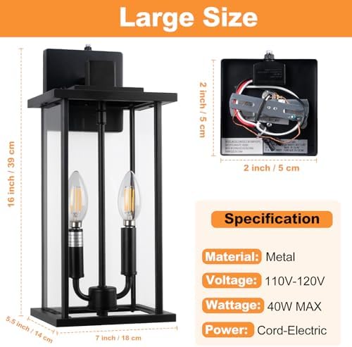 16in 2-Light Black Outdoor Wall Lights Dusk to Dawn Porch Light - Image 5