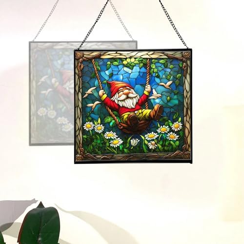 Swinging Garden Gnome Stained Glass Suncatcher – Square Hanging Window Panel for Home or Greenhouse – Whimsical Glass Art Gift for Garden Lovers, Christmas, Halloween, Father Days 5tGEG5 - Image 4