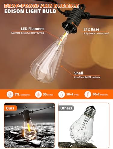 Kawaya Solar Powered String Lights for Outside: 100 FT LED Outdoor Patio Lights with USB-Charging - IP65 Waterproof Hanging Light - 50+2 Shatterproof Edison Bulbs for Bistro Cafe Camp Yard Balcony - Image 6