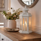 JHY DESIGN Rustic Decorative Lanterns 12" H Medium Candle Lantern Vintage Metal Candle Holder for Indoor Outdoor, Events, Parities, Patio and Wedding(White with Gold Brush) - Image 2