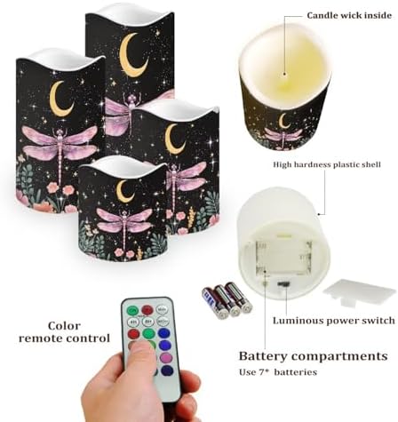 Pink Dragonfly Moon Flameless Candles with Remote Timer Battery Powered LED Candles Color Changing Pillar Electric Fake Candles Bulk for Indoor Set of 4 - Image 3