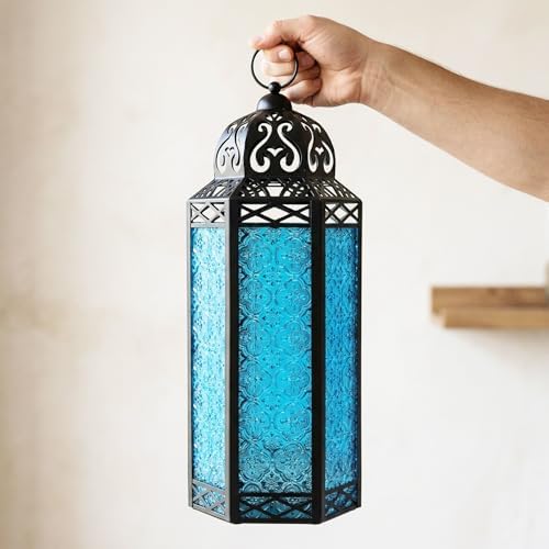 Vela Lanterns Decorative Indoor Candle Holder Table Centerpieces - Moroccan Hanging Outdoor Patio & Porch Home Decor, Turkish Floor Lamp for Wedding, Ramadan (Extra Large 16", Blue Glass) - Image 3