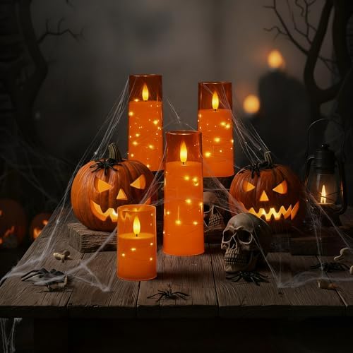 Raycare 9 Pcs Orange Halloween Flameless Pillar Candles with Remote Timer - Image 3