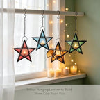 Moroccan Star Lantern,Metal Moroccan Star Lanterns Hanging,Vintage Five Point Star Hanging Candle Lantern, Embossed Stained Glass Iron Windproof Tealight Holder (Blue) - Image 3