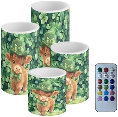 4 Pack Green Leaves Flameless Candles with Timers Highland Cattle Flickering Battery Operated LED Candles with Remote Tea Lights for St Patrick Day Home Decoration by Merkmak