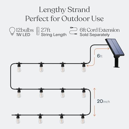Brightech Ambience Pro Solar Powered Outdoor String Lights, 27ft Remote Control Commercial Grade Waterproof Patio Lights, 12 Edison Bulbs, Shatterproof LED String Lights for Outside - 1W Soft White - Image 5