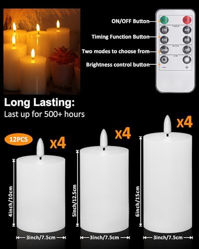 12 Pcs White Flameless Candles Flat Top LED Candles with Remote Timer, Pillar Flameless Candle Bulk Flickering Battery Operated Candle for Wedding Festival Outdoor Home Decor D 3'' H 4'' 5'' 6'' - Image 2