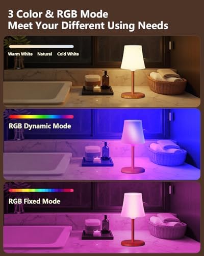 2 Pack Cordless Shower Lamp IP54 Waterproof Outdoor Rechargeable Table Lamp 4000mah Battery Operated Lamps Touch Dimmable RGB Lamp for Bathroom Kitchen Restaurant Patio Camping, Wood Grain - Image 2