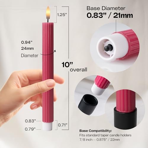 12 Pack, 10" LED Flameless Pink Fluted Ribbed Grooved Taper Candles with 2 Remotes & 24h Timer Memory, On/Off Button, Dimmable, Flicker Mode, Battery Operated, Christmas Menorah Wedding - Image 3