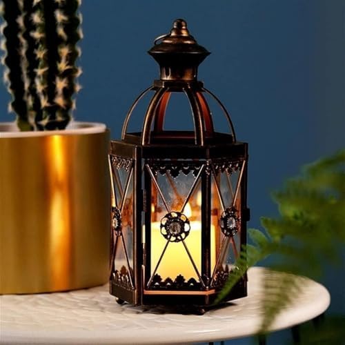 Vintage Iron Candle Lantern for Indoor Outdoor Decor, Decorative Metal Lantern with Glass Panels, Moroccan Style Candle Holder for Tabletop or Hanging, 10x26.5cm(Blue) - Image 3