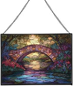 Rainbow Bridge Over Meadow Stream Rectangular Stained Glass Suncatcher – Hanging Window Panel with Animal & Nature Scene – Vibrant Glass Art Gift for Wildlife, Fantasy, Nature Lovers wL1my9 by Custom