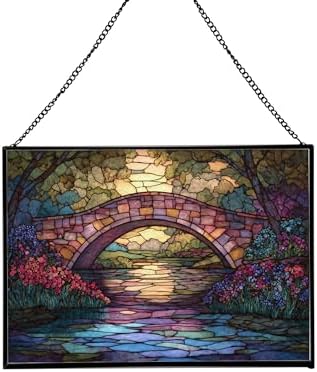 Rainbow Bridge Over Meadow Stream Rectangular Stained Glass Suncatcher – Hanging Window Panel with Animal & Nature Scene – Vibrant Glass Art Gift for Wildlife, Fantasy, Nature Lovers wL1my9 by Custom