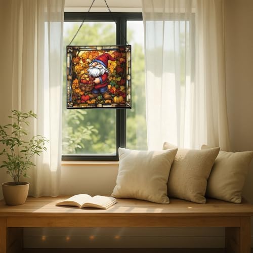 Autumn Harvest Gnome Stained Glass Suncatcher – Square Hanging Window Panel for Home or Greenhouse – Whimsical Glass Art Gift for Garden Lovers, Christmas, Halloween, Father Days NXugt7 - Image 7