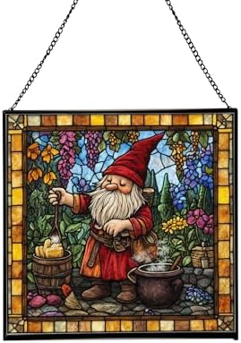 Gnome Making soap Stained Glass Suncatcher – Square Hanging Window Panel for Home, Garden, Nursery, Halloween, Christmas, Memorial Day – Whimsical Glass Art Gift for Gnome Lovers gnbpot by Custom