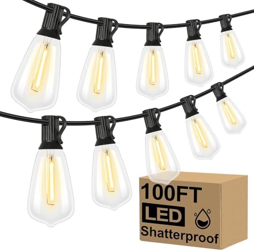 LED Outdoor String Lights 100FT Patio Lights with 25 Shatterproof ST38 Vintage Edison Bulbs, Outside Hanging Light Waterproof for Porch, Deck, Garden, Backyard, Balcony, Dimmable 2700K by Unknown