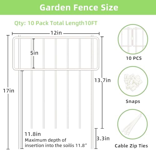 Thrivinest 10 Pack Animal Barrier Fence, No Dig Fence Decorative Fences, 17in(H) x10ft(L) Rustproof Metal Small Garden Fence Border for Dogs Rabbits, Bottom Blocker for Outdoor Yard Patio, White - Image 5