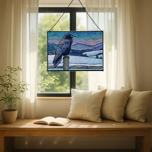 Raven Sitting on Frosted Fencepost Rectangular Stained Glass Suncatcher – Hanging Window Panel with Animal & Nature Scene – Vibrant Glass Art Gift for Wildlife, Fantasy, Nature Lovers p1akbz - Image 7