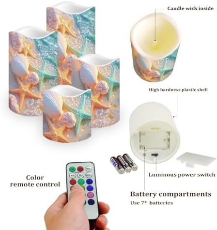 Beach Shell Starfish Flameless Candle with Remote Control Electric LED Pillar Candle Timer Color Changing Long Lasting 4 Pcs Battery Candles - Image 3